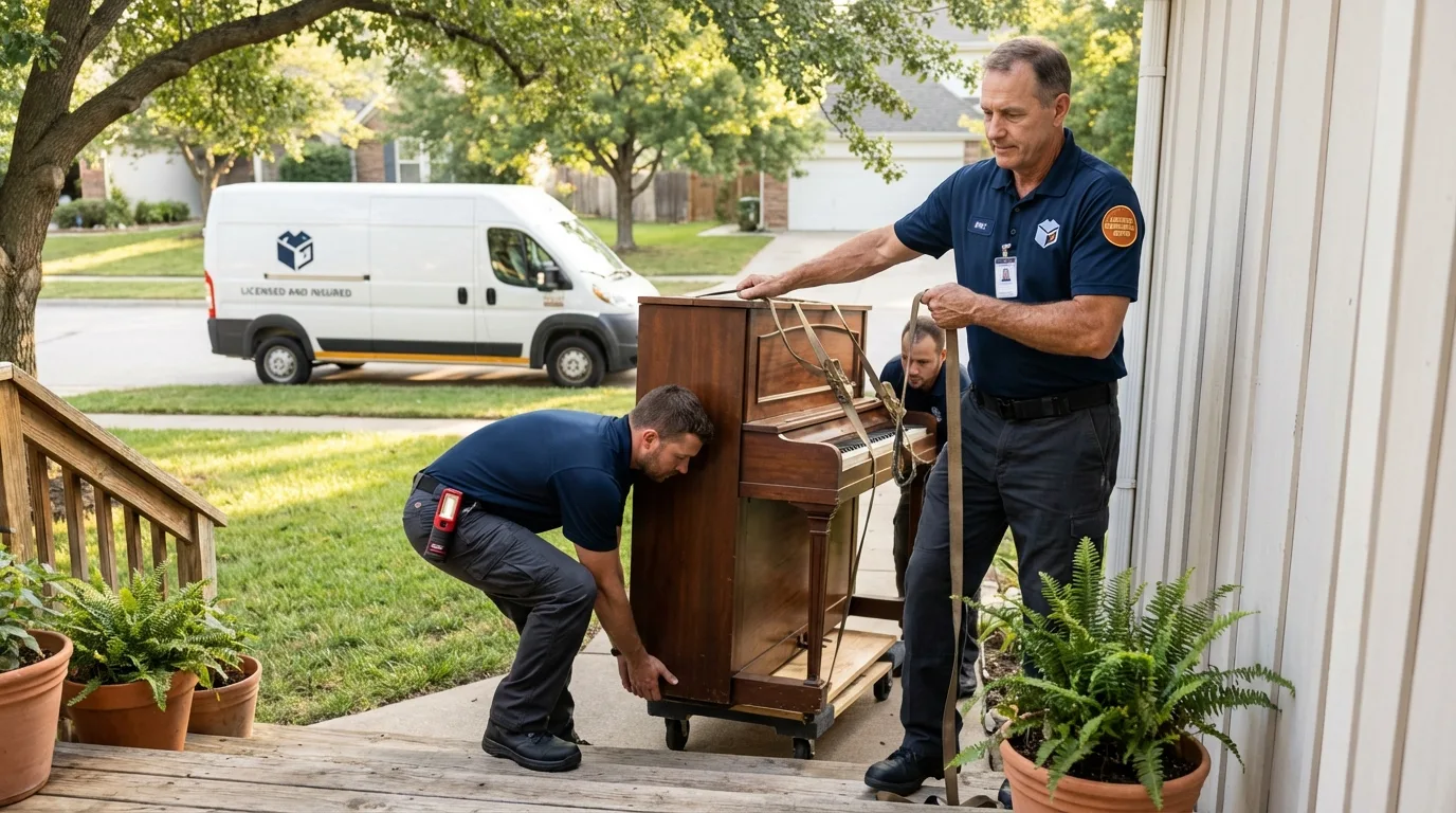 Licensed piano movers securing grand piano in Shenandoah, PA