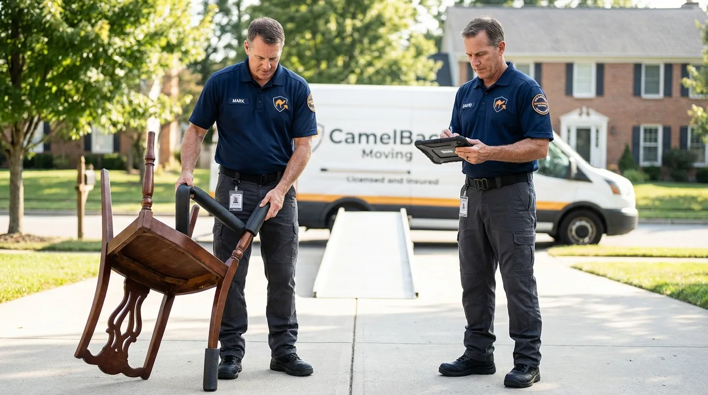 Movers inspecting furniture for damage prevention before loading in Shenandoah, PA