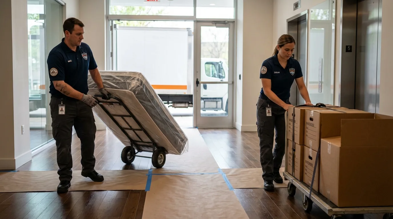 Professional apartment movers loading elevator in Shenandoah, PA